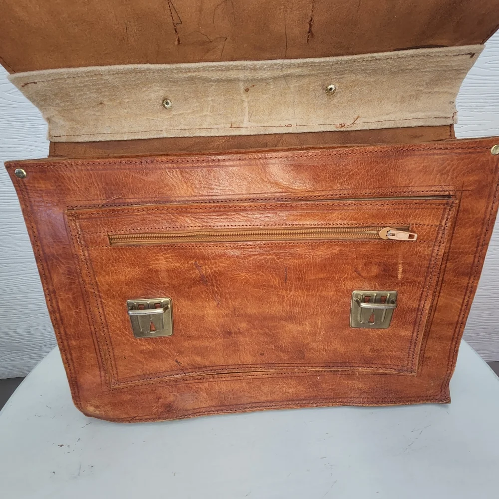 Vintage Brown Leather Briefcase: Handmade Moroccan Travel Bag, 1980s